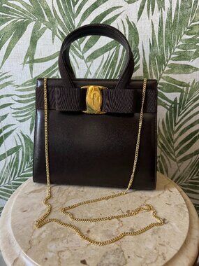 Salvatore Ferragamo Vara Bow Top Handle Bag – Brown Vitello Leather, Gold Chain
